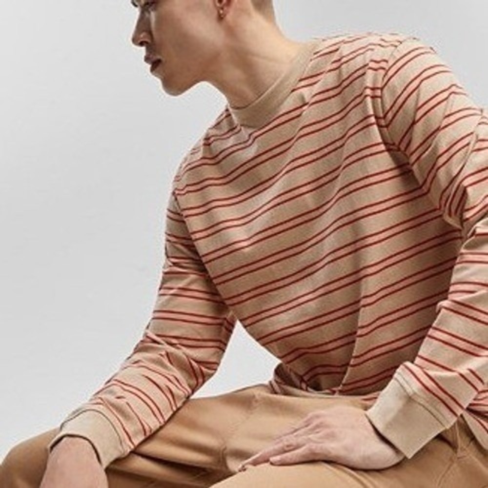 Mode of One Mens Long Sleeve Relaxed Stripe T-Shirt Cinnamon Brulee L NEW